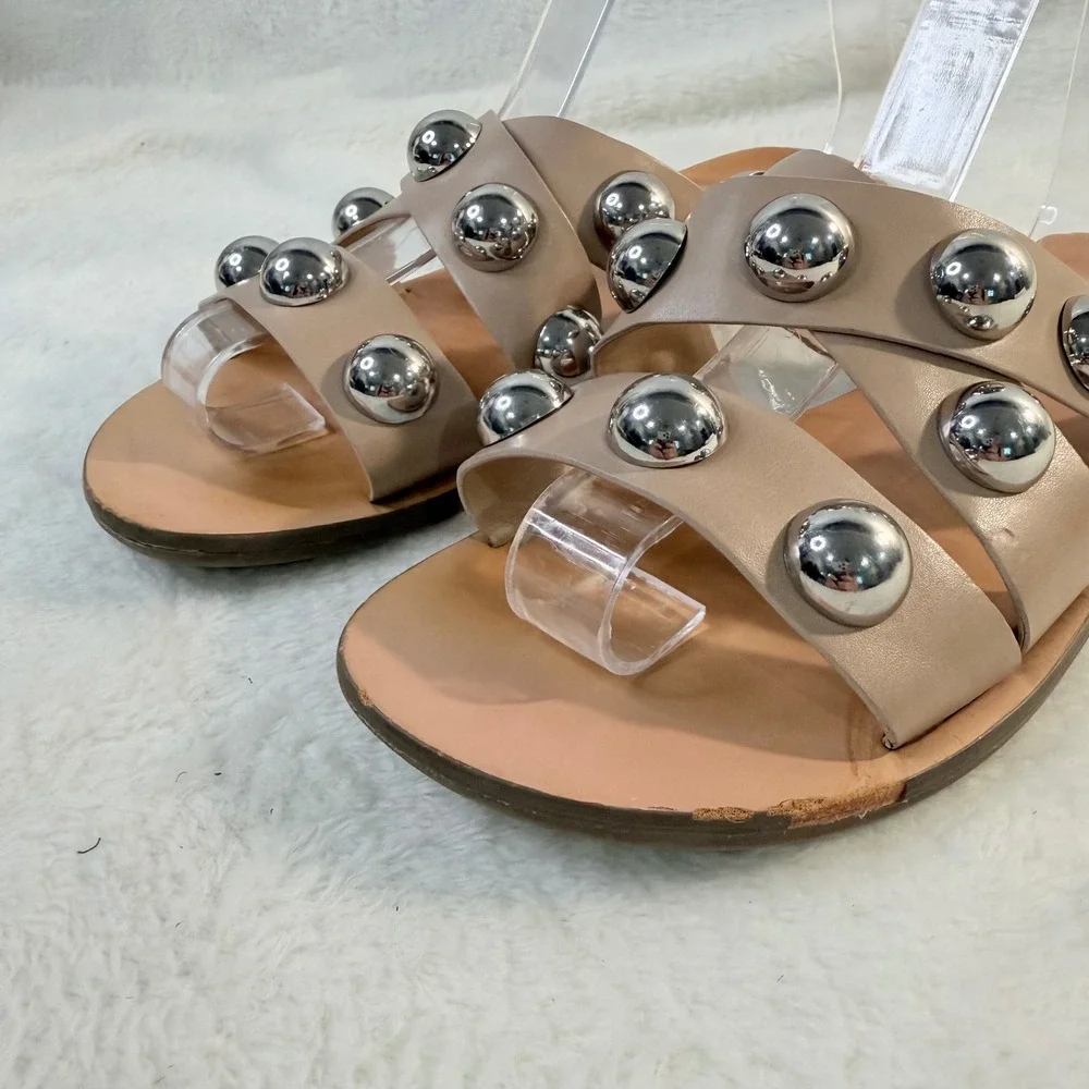 Marc Fisher Bryte2 Slide Sandals Womens 8.5 Nude Studded Flat Crisscross Straps